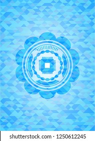 microchip, microprocessor icon inside sky blue emblem. Mosaic background