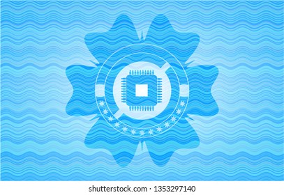 microchip, microprocessor icon inside sky blue water badge background.