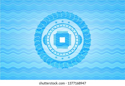 microchip, microprocessor icon inside sky blue water style emblem.