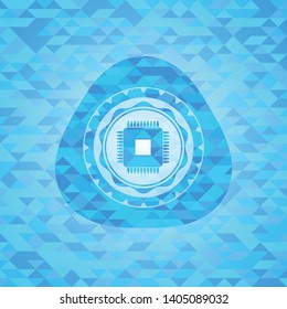 microchip, microprocessor icon inside sky blue emblem. Mosaic background