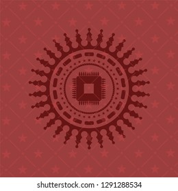 microchip, microprocessor icon inside vintage red emblem