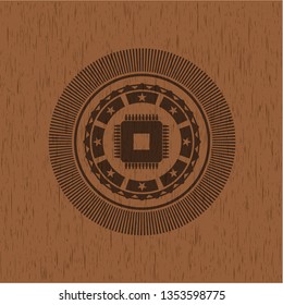 microchip, microprocessor icon inside vintage wood emblem