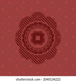 microchip, microprocessor icon inside vintage red emblem. 
