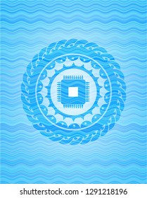 microchip, microprocessor icon inside water representation emblem background.
