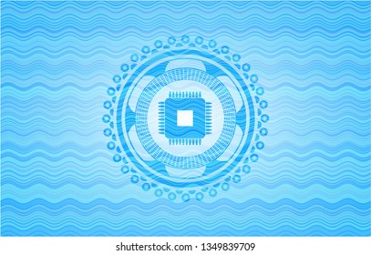 microchip, microprocessor icon inside water representation badge.