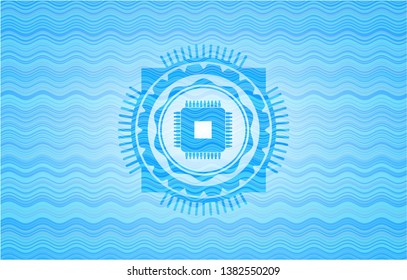 microchip, microprocessor icon inside water representation badge background.