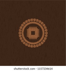 microchip, microprocessor icon inside wooden emblem. Retro