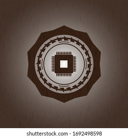 microchip, microprocessor icon inside wooden emblem. Vintage.