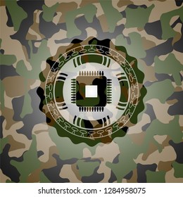 microchip, microprocessor icon on camouflage pattern