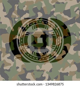 microchip, microprocessor icon on camouflage pattern