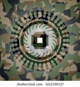 microchip, microprocessor icon on camouflage pattern