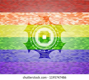 microchip, microprocessor icon on mosaic background with the colors of the LGBT flag