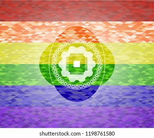 microchip, microprocessor icon on mosaic background with the colors of the LGBT flag