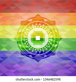 microchip, microprocessor icon on mosaic background with the colors of the LGBT flag