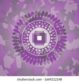 microchip, microprocessor icon on pink and purple camo pattern