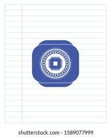 microchip, microprocessor icon pen strokes emblem. Blue ink. Vector Illustration. Detailed.
