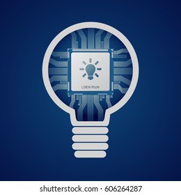 Microchip modern infographic template. Processor in lamp idea with icons and text. Electronic micro scheme or circuit used for business, data, presentation, web, workflow