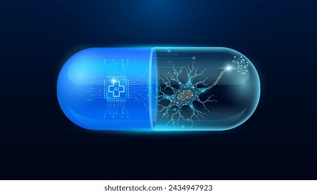 Microchip nerve cell interface in capsule blue luminous. Smart digital pills in health care alternative. Medicine futuristic. Pharmaceutical and scientific medical technology concept. Vector EPS10.