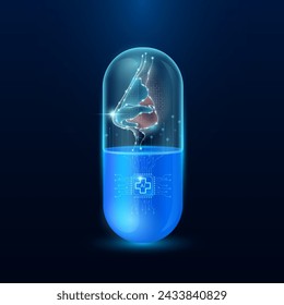 Microchip nose interface in capsule blue luminous. Smart digital pills in health care alternative. Medicine futuristic. Pharmaceutical and scientific medical technology concept. Vector EPS10.
