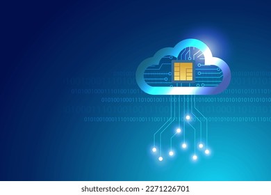 Microchip on cloud computing server online connect to circuit. Digital cloud storage service with data transmission, network connecting technology. Innovative business and intelligence technology.