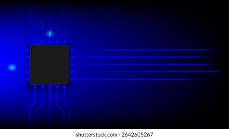 Microchip on dark blue background with glowing lines and circuit connections representing digital data and tech innovation.