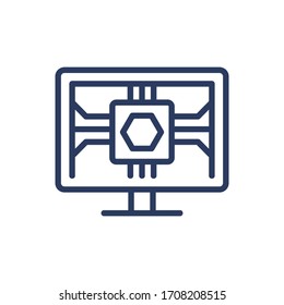 Microchip On Monitor Thin Line Icon. CPU, Hexagon, Embedded Device Isolated Outline Sign. Computer Technology Concept. Vector Illustration Symbol Element For Web Design And Apps