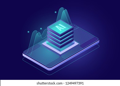 microchip on screen of mobile phone, programming microcontroller concept, artificial intelligence ai icon, smartphone application, big data processing 3d vector dark background