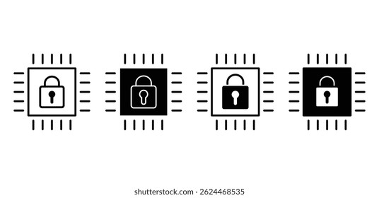 Microchip and Padlock Icons Representing Digital Security Black and White Color Vector Design