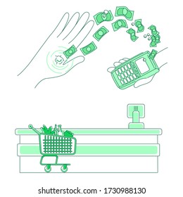 Ilustración vectorial del concepto de microchip y terminal de pago. Transacciones sin contacto, personas con personajes de caricatura 2D de dinero electrónico para diseño web. Dispositivo integrado en la idea creativa de la mano humana