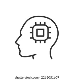 microchip in a person's head, linear icon. Line with editable stroke
