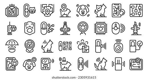 Microchip for pet icons set outline vector. Digital future. Reader teg