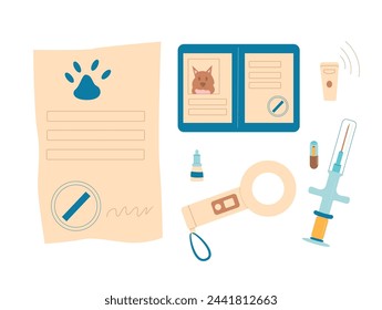 Microchip pets service. Chip scanner, passport and syringe isolated on white background. Veterinary elements. Vaccination certification and treats for prepare to travel  transportation domestic animal