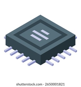 Dados de processamento de microchips, com circuito integrado numa perspectiva isométrica, simbolizando o avanço tecnológico