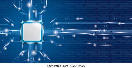 Microchip Processor Banner With Blue Background. Eps 10 Vector File.