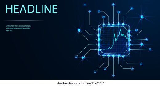 Microchip processor banner with chart background. Low poly wireframe style. Vector