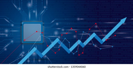 Microchip processor banner with growth chart background. Eps 10 vector file.