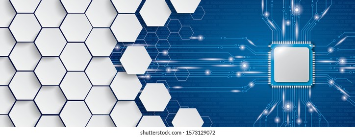 Microchip processor banner with the hexagon structure background. Eps 10 vector file.