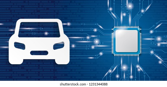 Microchip processor banner with smar car blue background. Eps 10 vector file.