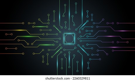 Microchip processor with circuit board pattern for technology background.