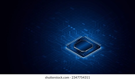 Microchip processor circuit board technology on dark blue background. Information Processing Concept. Circuit board hi-tech technology background. vector illustration

