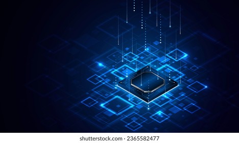Microchip processor circuit board technology on dark blue background. Information Processing Concept. Circuit board hi-tech technology background. vector illustration	