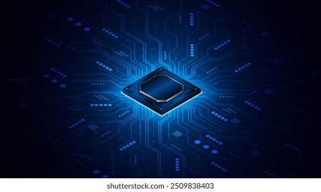 Tecnología de placa de circuito de procesador de microchip sobre fondo azul oscuro. Concepto de procesamiento de información. Fondo de tecnología de alta tecnología de placa de circuito. Ilustración vectorial	