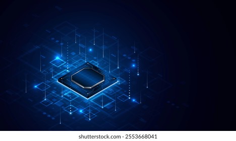 Microchip processor circuit board technology on dark blue background. Information Processing Concept. Circuit board hi-tech technology background. vector illustration	