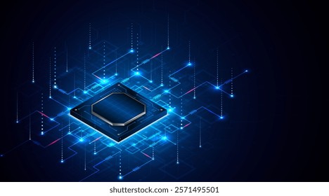 Microchip processor circuit board technology on dark blue background. Information Processing Concept. Circuit board hi-tech technology background. vector illustration	