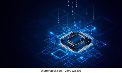 Microchip processor circuit board technology on dark blue background. Information Processing Concept. Circuit board hi-tech technology background. vector illustration	