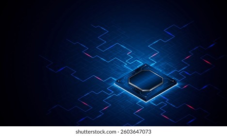 Microchip processor circuit board technology on dark blue background. Information Processing Concept. Circuit board hi-tech technology background. vector illustration	