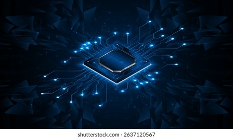 Microchip processor circuit board technology on dark blue background. Information Processing Concept. Circuit board hi-tech technology background. vector illustration	