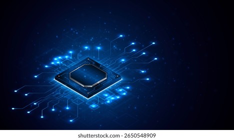 Microchip processor circuit board technology on dark blue background. Information Processing Concept. Circuit board hi-tech technology background. vector illustration	