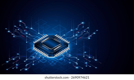 Microchip processor circuit board technology on dark blue background. Information Processing Concept. Circuit board hi-tech technology background. vector illustration	