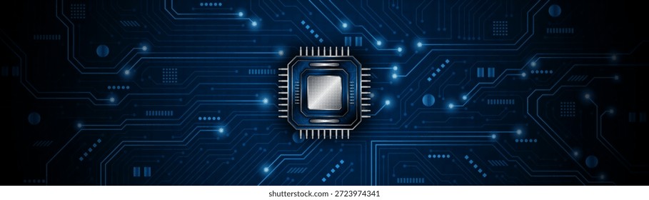 Tecnología de placa de circuito de procesador de microchip sobre fondo azul oscuro. Concepto de procesamiento de información. Fondo de tecnología de alta tecnología de placa de circuito. Ilustración vectorial
